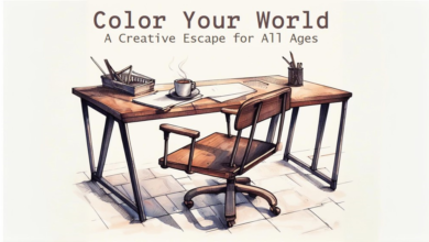 Illustration of a wooden desk with a coloring book titled ‘Color Your World’, accompanied by a cup of coffee and art supplies, evoking a sense of creative tranquility.