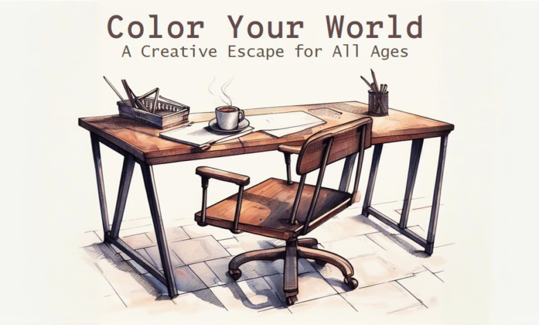 Illustration of a wooden desk with a coloring book titled ‘Color Your World’, accompanied by a cup of coffee and art supplies, evoking a sense of creative tranquility.